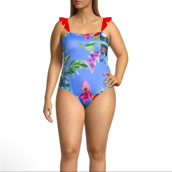 Outdoor Oasis Women's One Piece Swimsuit Size 1X Blue Tropical Toucan - Picture 1 of 14